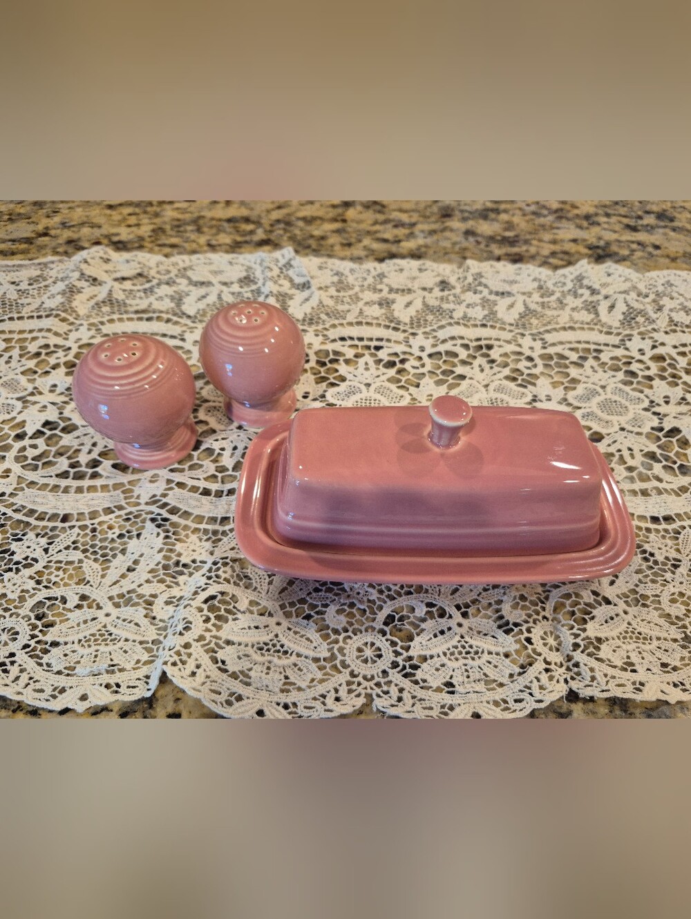 Vintage Fiestaware Pink Ceramic Butter Dish with Salt & Pepper Shakers